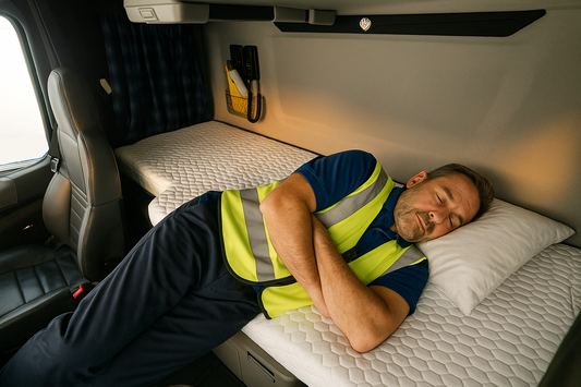 Professional HGV driver sleeping peacefully in truck sleeper cab with quality mattress and comfortable setup