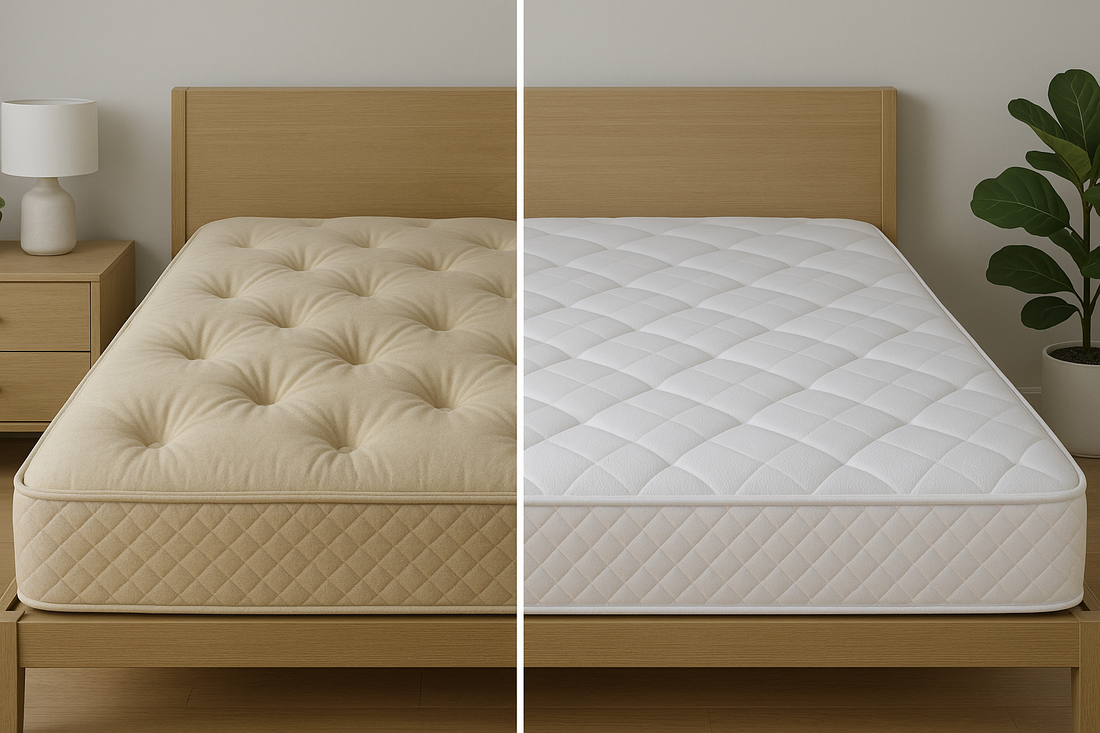 Comparison showing signs of worn mattress versus new mattress highlighting sagging, indentations and quality differences