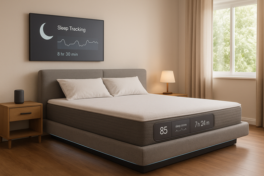Futuristic bedroom setup with smart mattress technology displaying sleep tracking and temperature control features